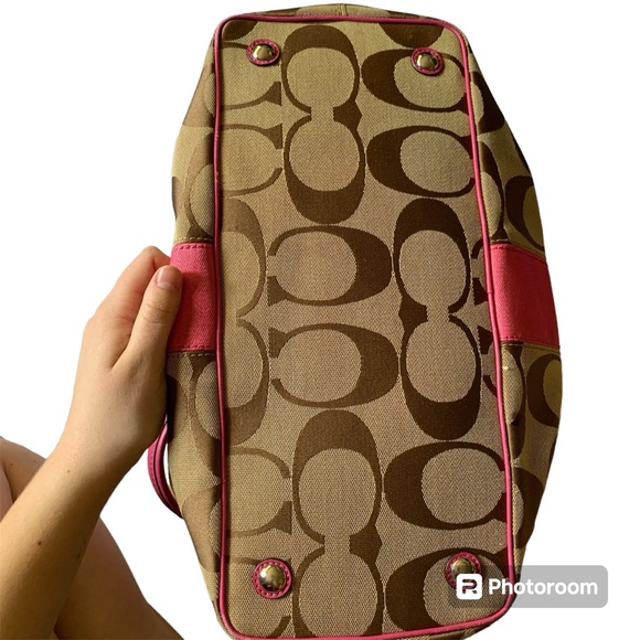 Coach J0969-F13533 Purse Signature Stripe Kisslock Khaki/Pink Jacquard Fabric - Picture 4 of 16